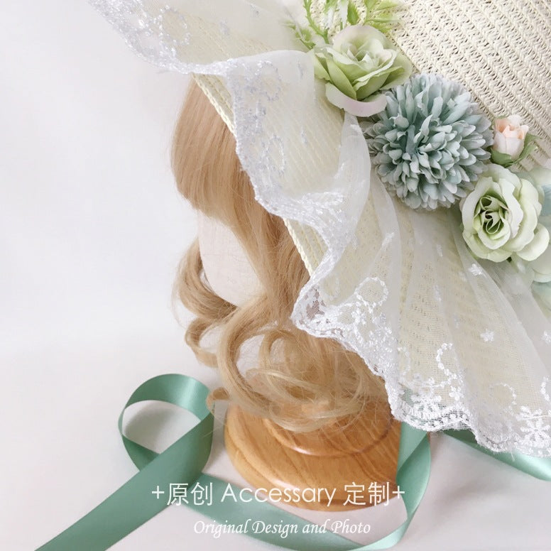 Original Handmade Lolita Sun Hat for Outings and Photos with Flower Bow Lace Wide Brim Sun Hat Straw Hat