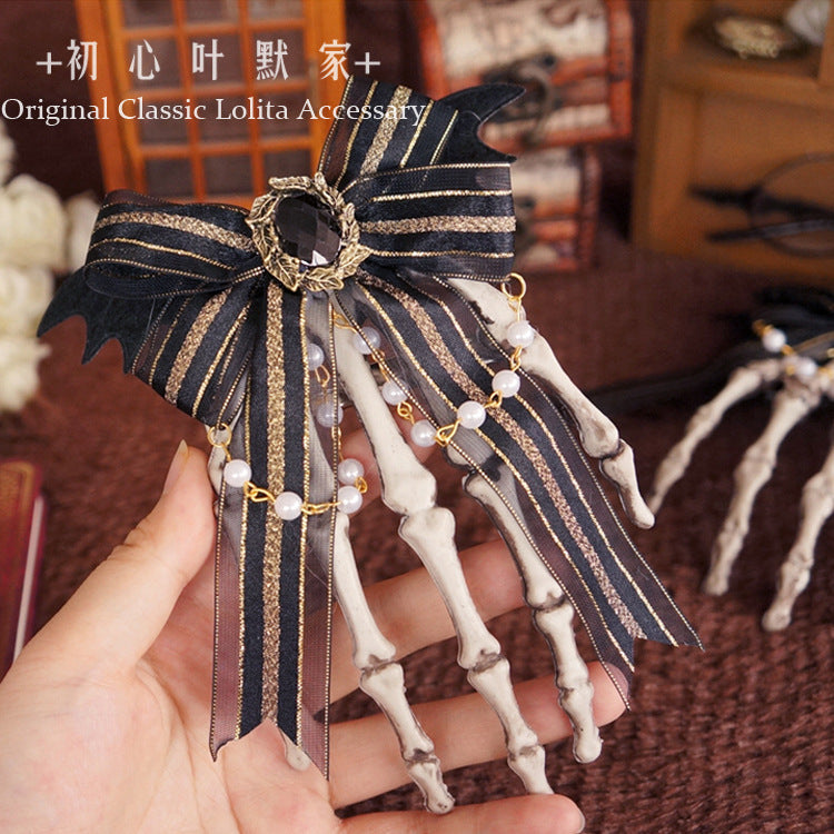 Halloween Gothic Lolita Pearl Chain Hair Clip Dark Style Skull Claw Wing Bow Hair Clip Brooch - Lolita Fetch