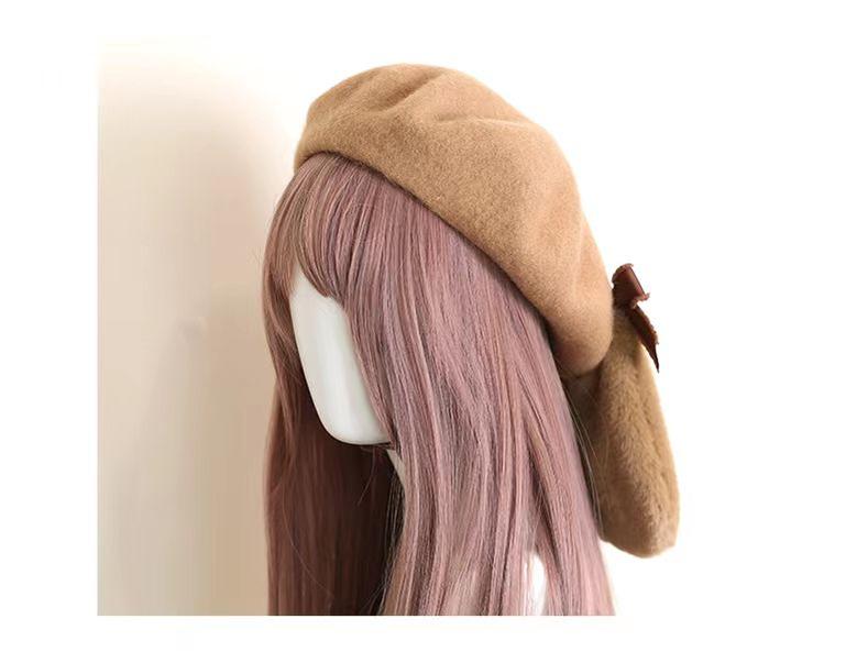 Xiaogui - Winter Lolita Beret Rabbit Ear Hat - Bow Beret Headwear
