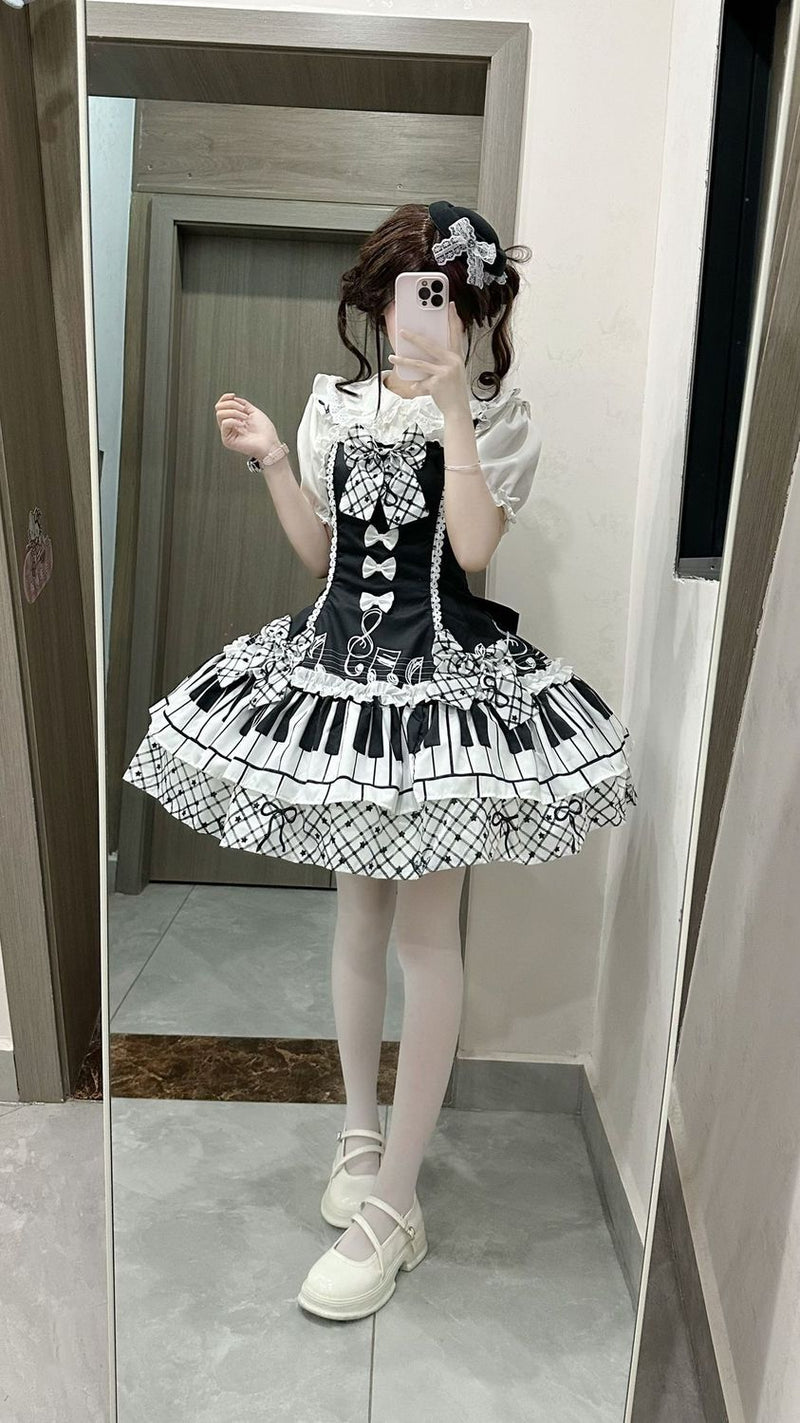 Black & White Sonata Piano Print Lolita JSK Dress - back and detachable train details
