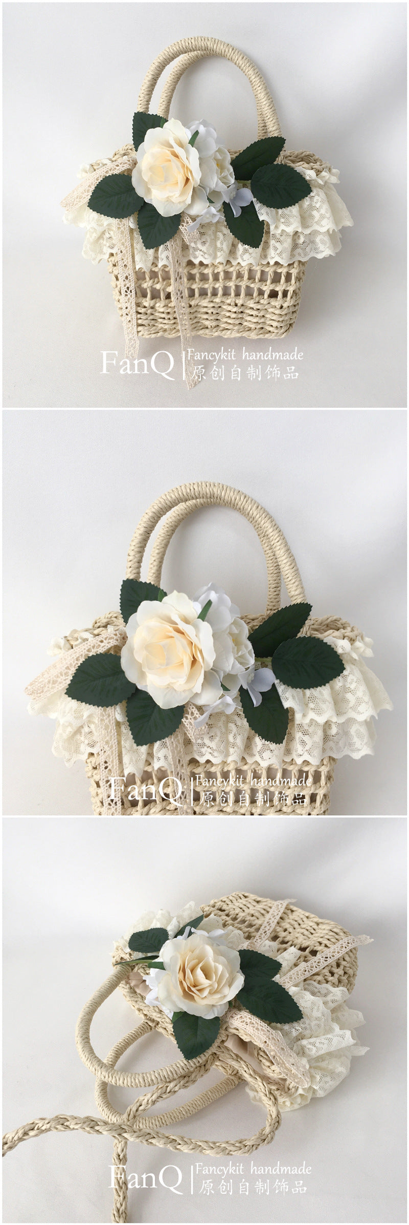 Handbag Paper Straw Woven Original Handmade Lace Flower Lolita Soft Girl Pastoral Style 2022 New Beach Bag - Lolita Fetch