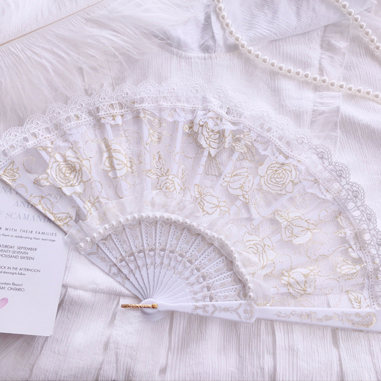 Gothic Style Lolita Lace Dress - Black Gold & White Gold Cross Rose Design with Folding Fan Photo Prop