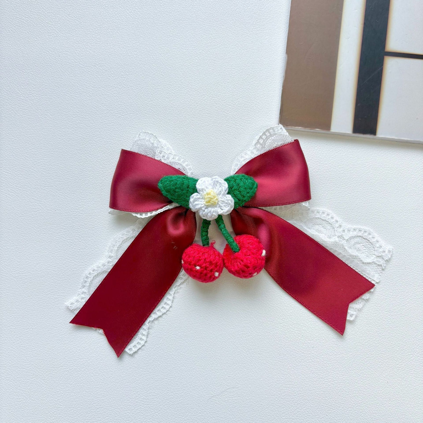 Handmade - Cherry Heart Bow - Lace Brooch - detail view 9