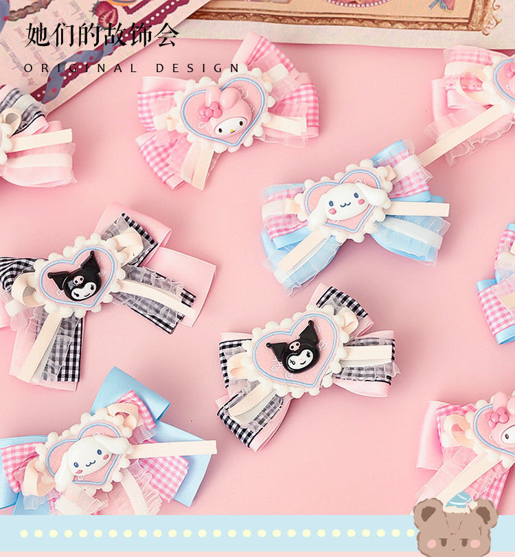 LOLITA Hair Accessories Sweet Bow Hair Clip Cinnamoroll Kuromi Pink Blue Soft Girl Lolita Hair Ornament