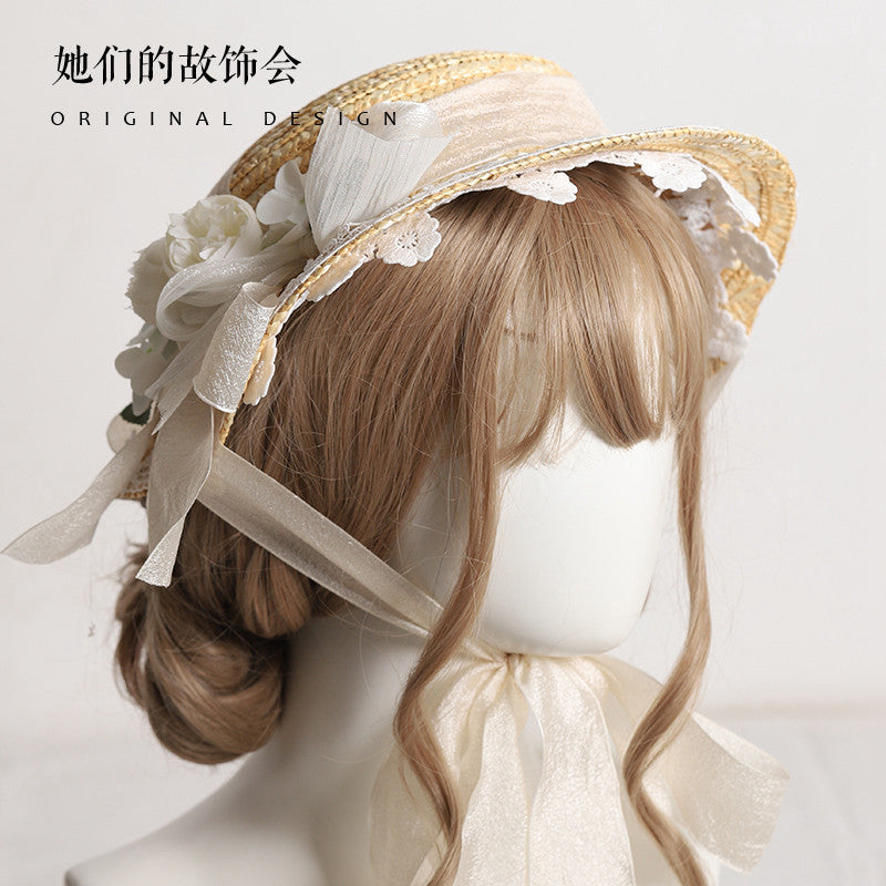 Lolita Flower Straw Hat for Women Summer Flat Hat Lolita Sun Protection Shade Han Yang Eclectic Mori Style Hat for Women - Lolita Fetch
