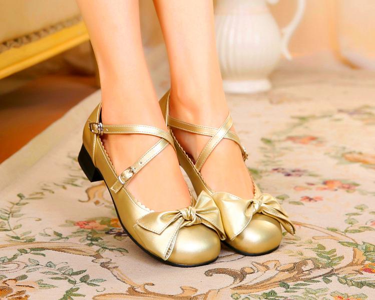 Sosic - Bow and Low Heel Cross Band Lolita - Leather Shoes Shoes