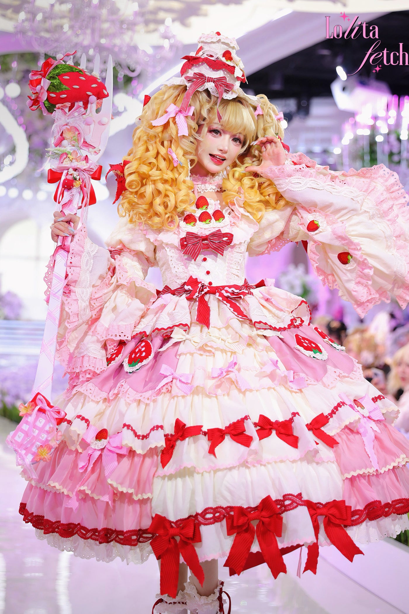 Strawberry Party Lolita Fetch wedding dress JSK OP with floral details and lace, perfect for elegant Lolita fashion occasions.
