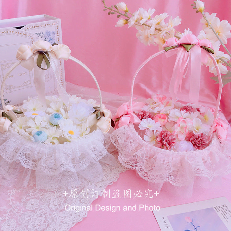 Lolita Rattan Picnic Basket Bow Lace Flower Basket CLA Flower Basket Ins Picnic Basket