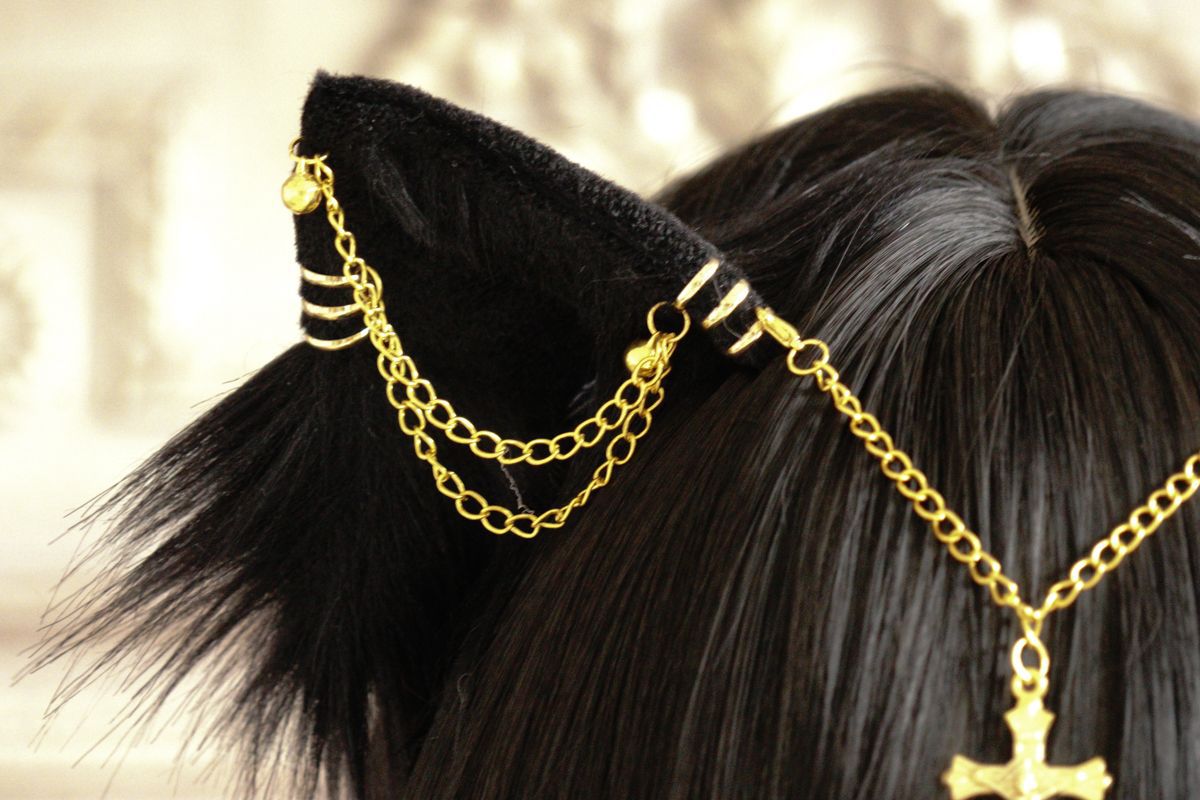 Original Handmade Lolita Chain Black Cat Ear Gothic Style Exotic Beast Ear Hair Clip Cosplay Comic Exhibition