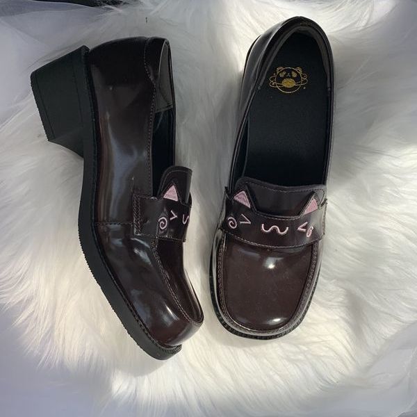 "Treasure Meow" Authentic JK Uniform Shoes | Round/Square-Toe Mid-Heel Academy-Style Leather Flats