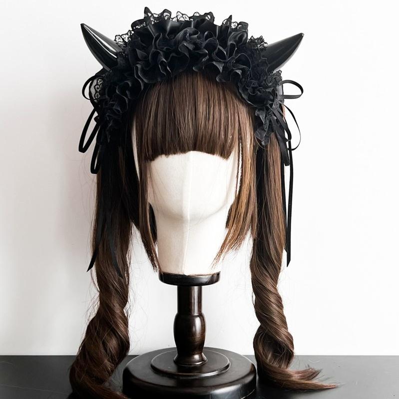 MAID - Devil Horn - Gothic Lolita Lace Hairband with Horns and Rose Accents - product detail 5