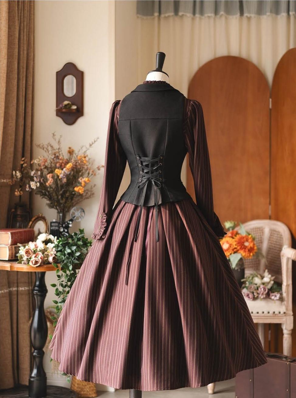Forest Wardrobe - Forest Castle - Classic Lolita Long Striped Dress, Irregular Hem Vest