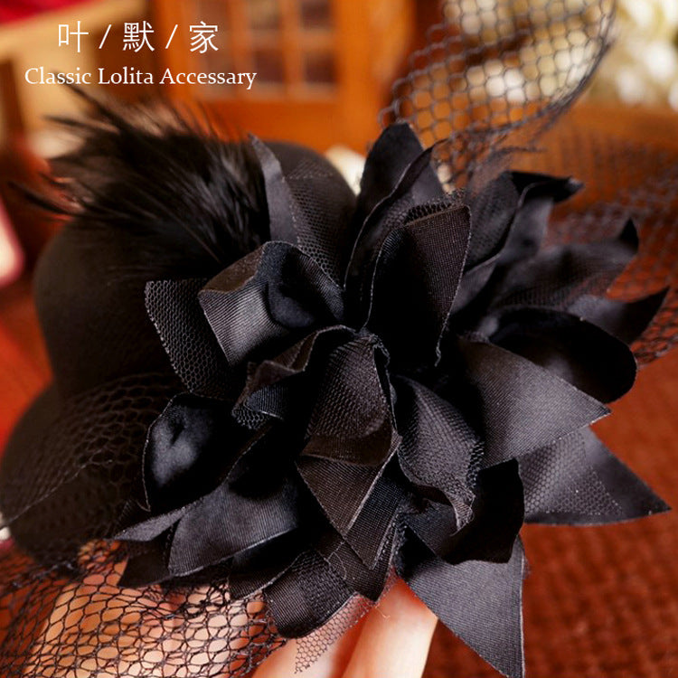 Dark Gothic Lolita Headwear Black Flower Feather Small Hat Hair Clip Side Clip Hair Accessory - Lolita Fetch