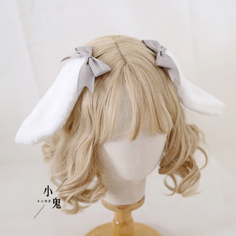 Handmade Sweet Ears Lolita bunny ear bowknot hair clip for Lolita dress by LolitaFetch, featuring adorable bunny ear design and bowknot detail.