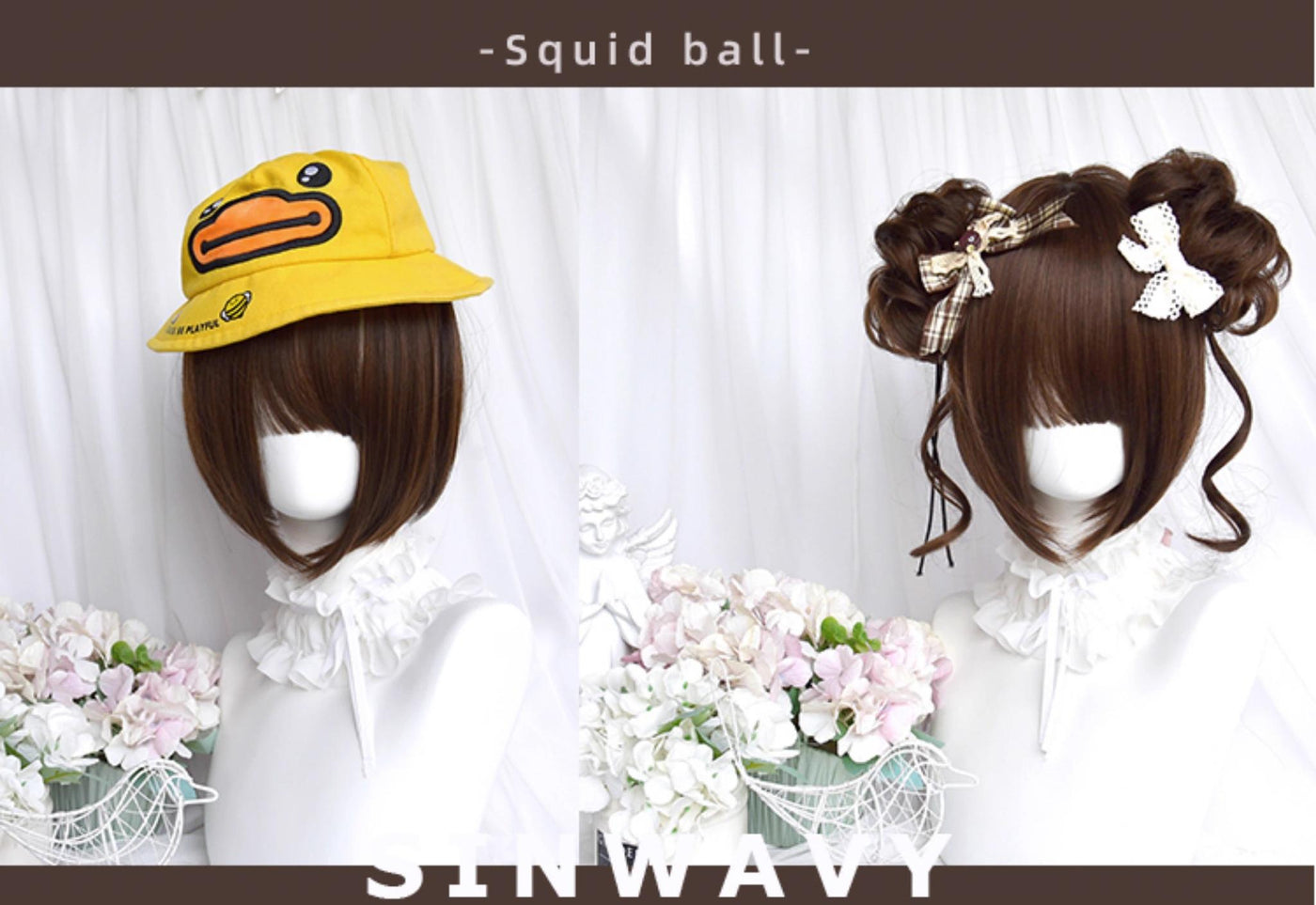 Sinwavy - Kawaii Lolita Brown Wig Cute Bun - Ponytail Doll-like Wig Wig