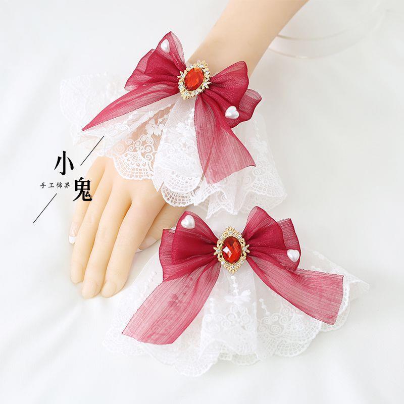 Multicolor Sweet Lace Lolita hair accessories featuring dark red tulle bow headdress with hand sleeves and bracelet by LolitaFetch.