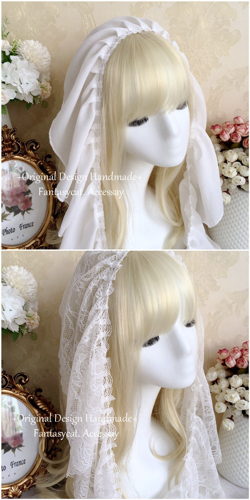White Lolita nun veil headscarf with lace trim, designed as a wedding Lolita headdress, by Fanmao for LolitaFetch.
