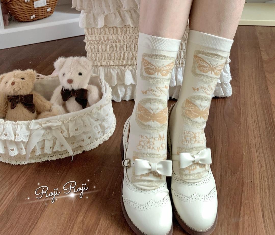 Roji Roji - Sweet Lolita Cotton Socks - Detachable Cuff Bow Trim Socks