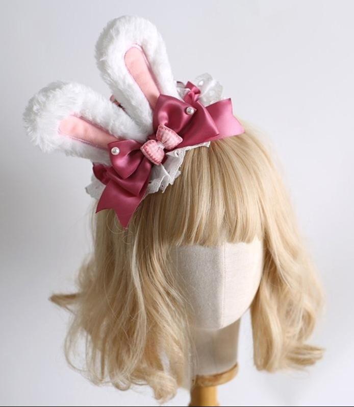 Xiaogui - Sweet Lolita Headdress Pink White - Bunny Ear Hair Accessory Headwear