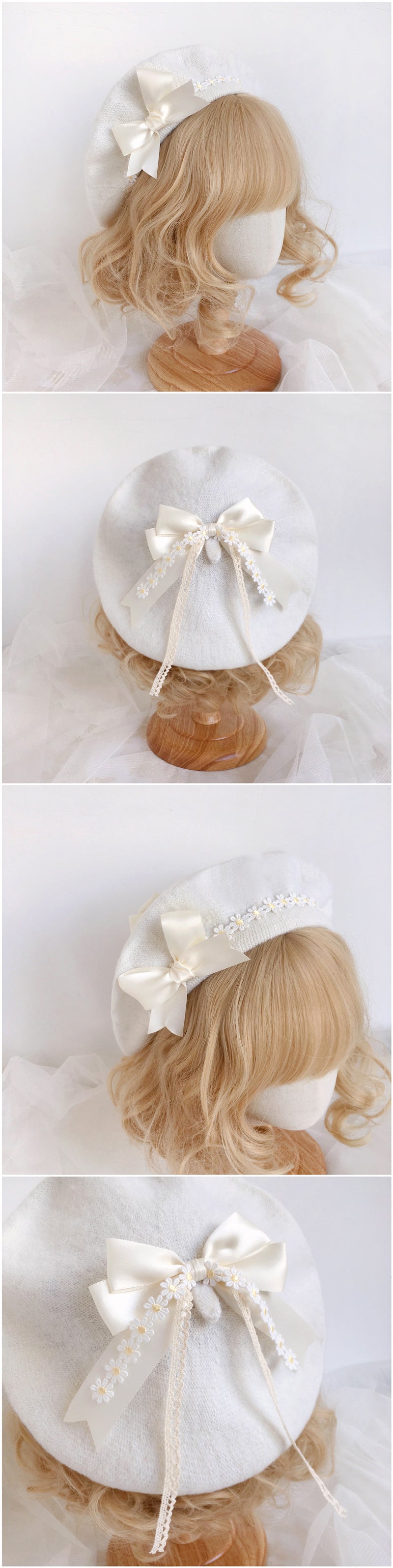 Original Japanese Handmade Mori Style Bow Beret Daisy Lace Soft Cute Lolita Handmade Lace