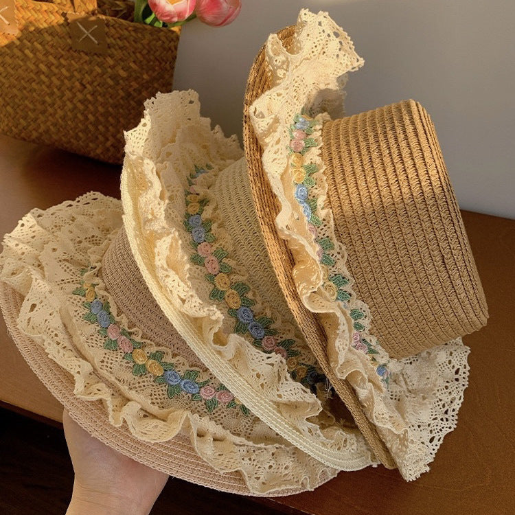 French Lolita Lace Trim Straw Hat for Women Summer Wide Brim Flat Top Sun Hat Beach Sunshade