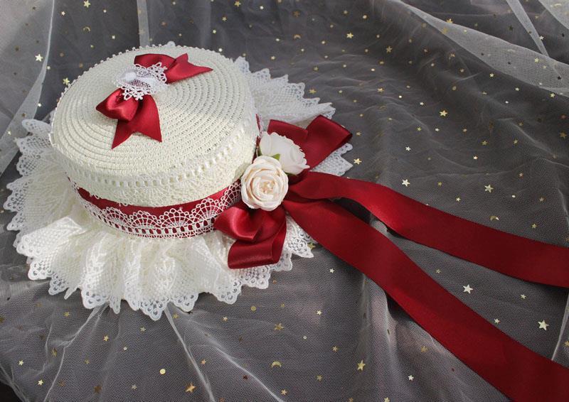 Lolita Straw Hat Mori Style Sweet Bowknot French Girl Flower Sun Hat Lolita Flat Top Hat Straw Hat