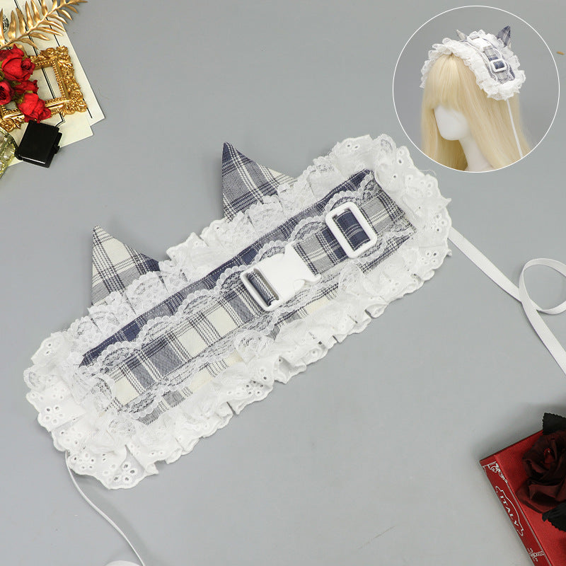 Subculture Retro Plaid Buckle Hairband Ancient Rural Style Lolita KC Lace Japanese Style Lolita Cat Ear Hair Accessory - Lolita Fetch