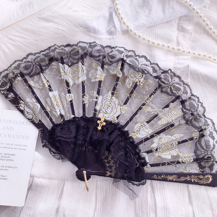 Gothic Style Lolita Lace Dress - Black Gold & White Gold Cross Rose Design with Folding Fan Photo Prop