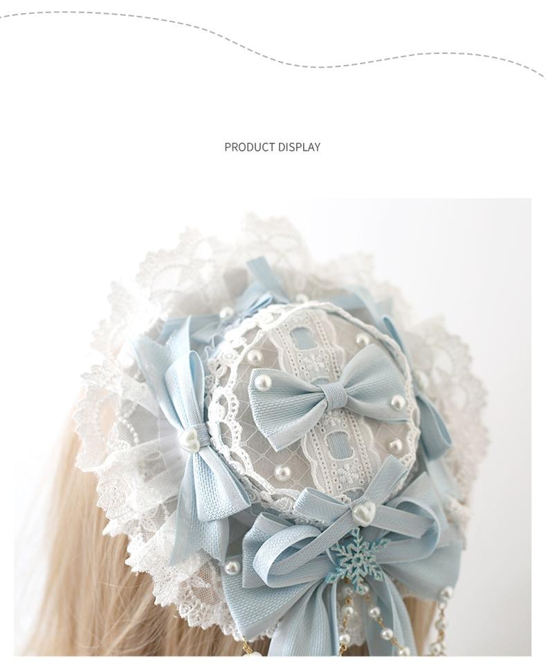 Xiaogui - Christmas Classic Lolita Lace Bow - Ice Blue Bonnet Headwear