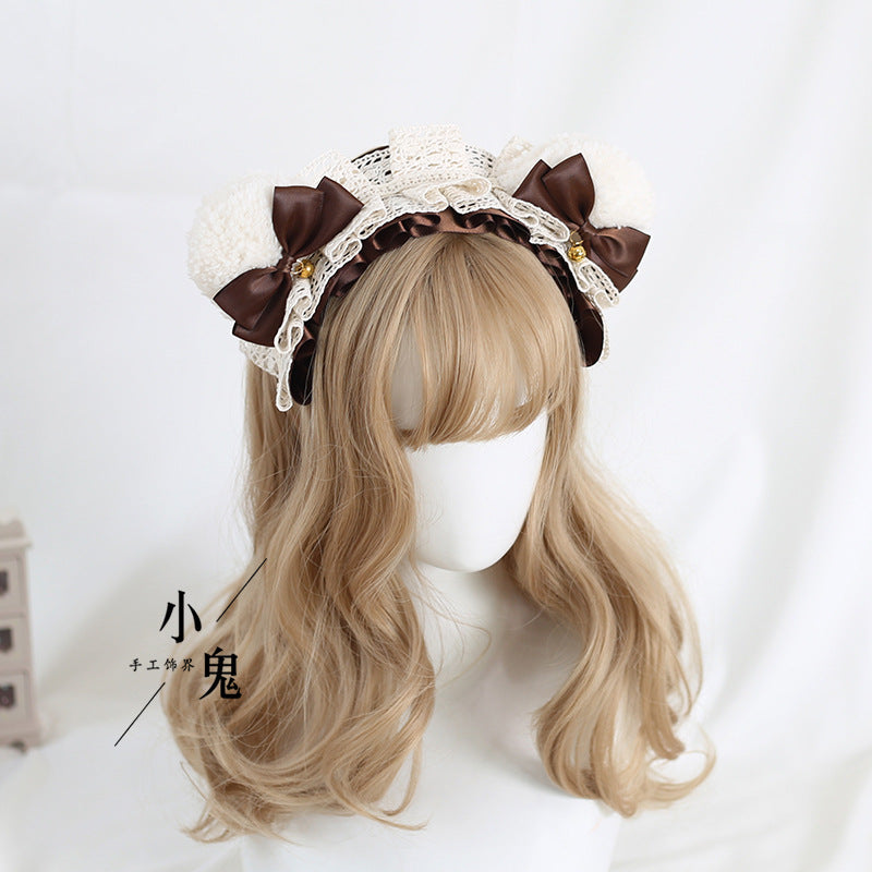 Handmade Lolita Bear Ear Bow Lace Headband with cute bear ears and lace details, perfect as a unique hair accessory.