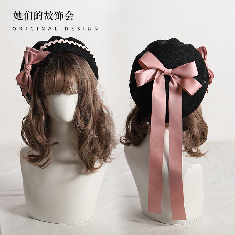Thin Beret Summer Lolita Bow JK Plaid Lolita Original Design Fashion Spring Autumn Hat for Women