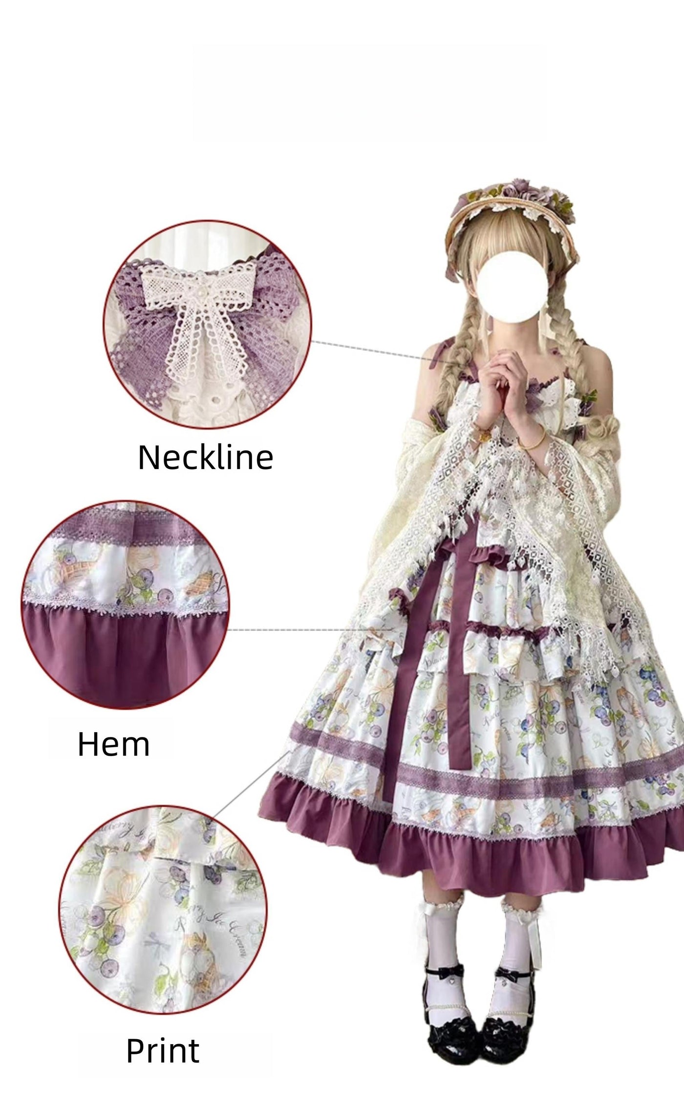 Qianmu - Blueberry Midsummer - Country Lolita Tiered JSK, Blueberry Print