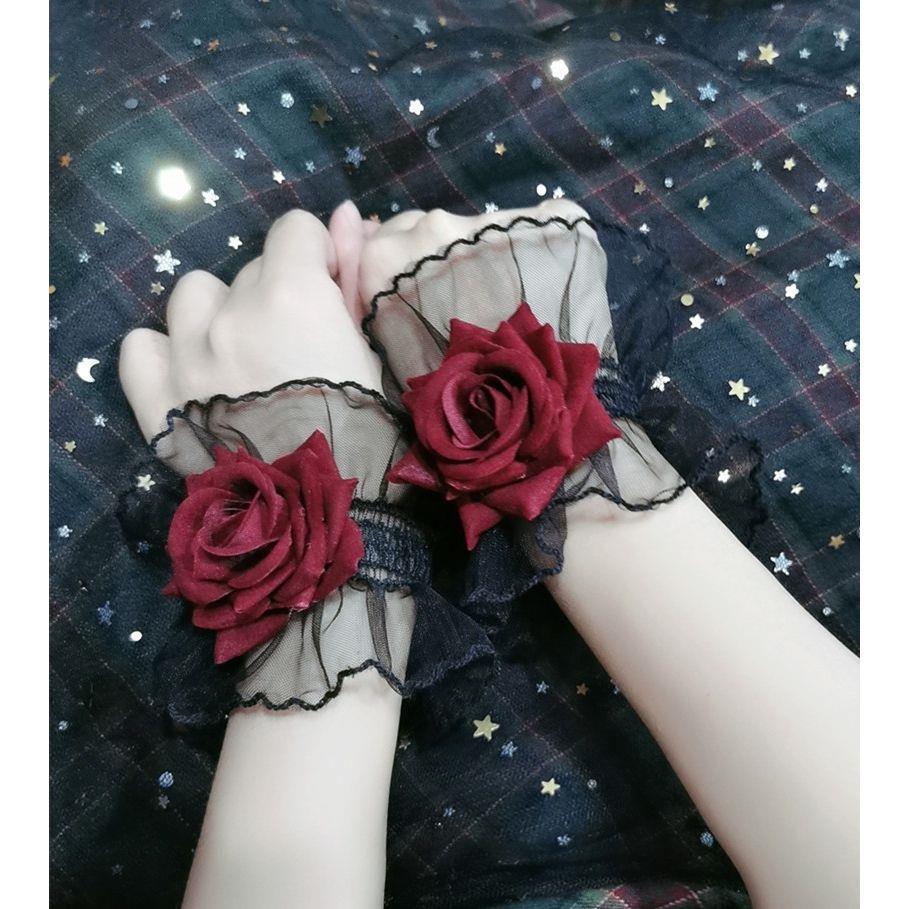 Dark Lolita Lace Wrist Cuffs for Women, Burgundy Rose Dress Cuffs with Wrist Flowers