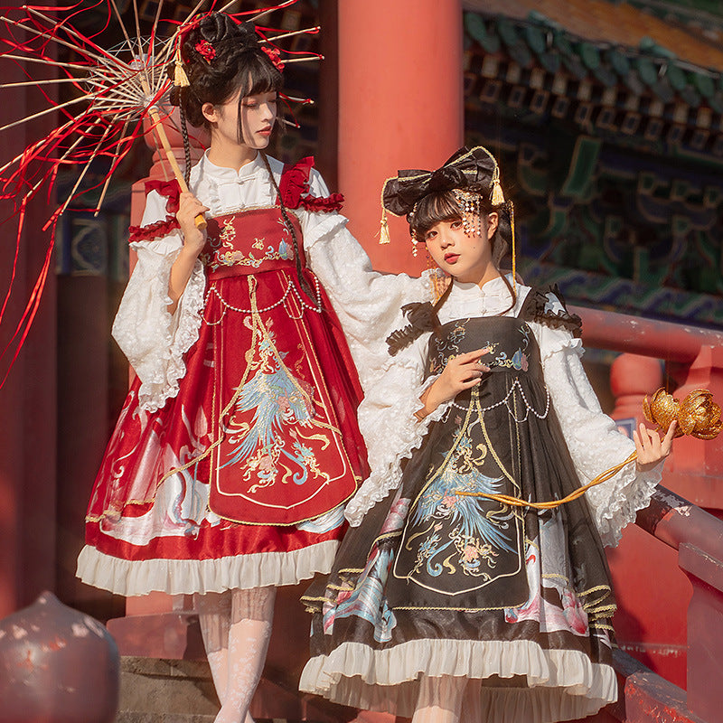 Morning Dew Hanfu - Inspired Lolita JSK | Gold - Woven Phoenix & Detachable Bead Chain - Lolita Fetch