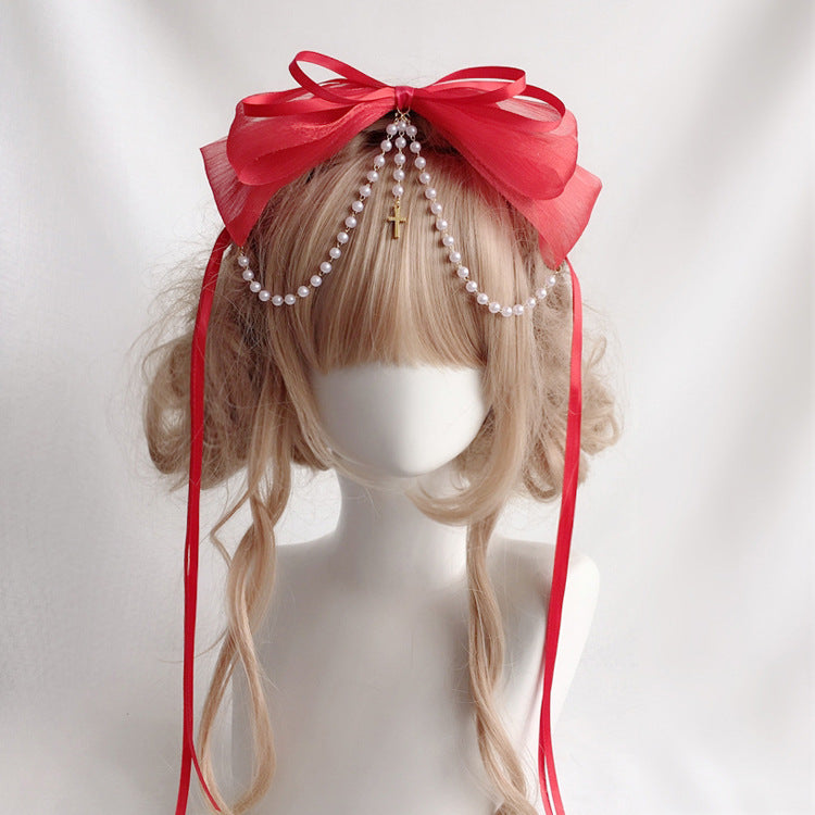 Original Handmade Lolita Double Layer Bow Ribbon Headband Lolita Pearl Cross Pendant Headband Hair Accessory