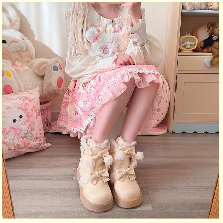 beauty bunny - Furry Bear - Winter Snow Boots with Plush Lining and Bow Pom-Poms - product detail 5