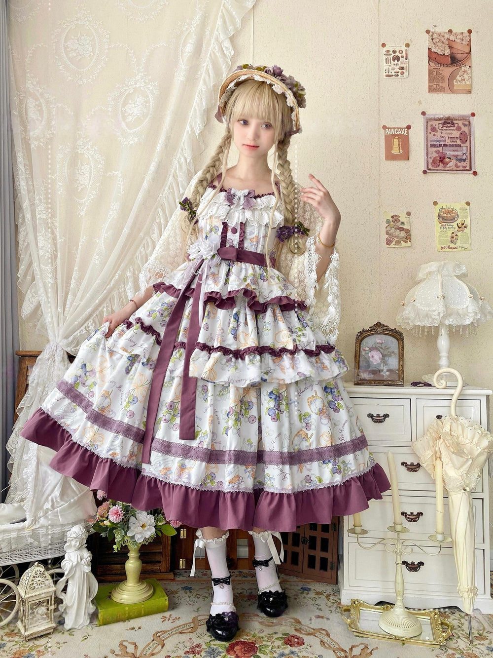 Qianmu - Blueberry Midsummer - Country Lolita Tiered JSK, Blueberry Print