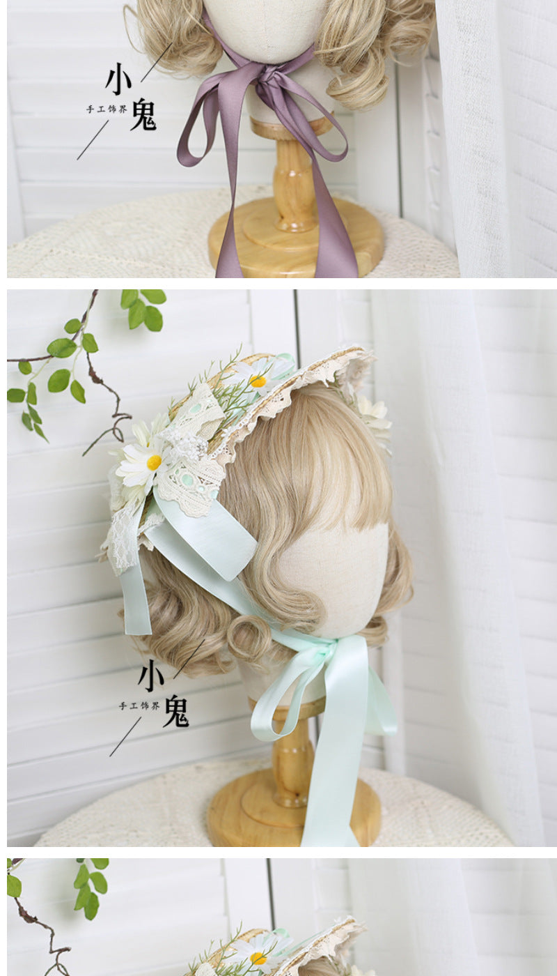 Original Lolita Straw Hat Flower Elegant Flat Hat Top Hat Bridal Tea Party Gorgeous Hat Han Western Eclectic Reminiscence