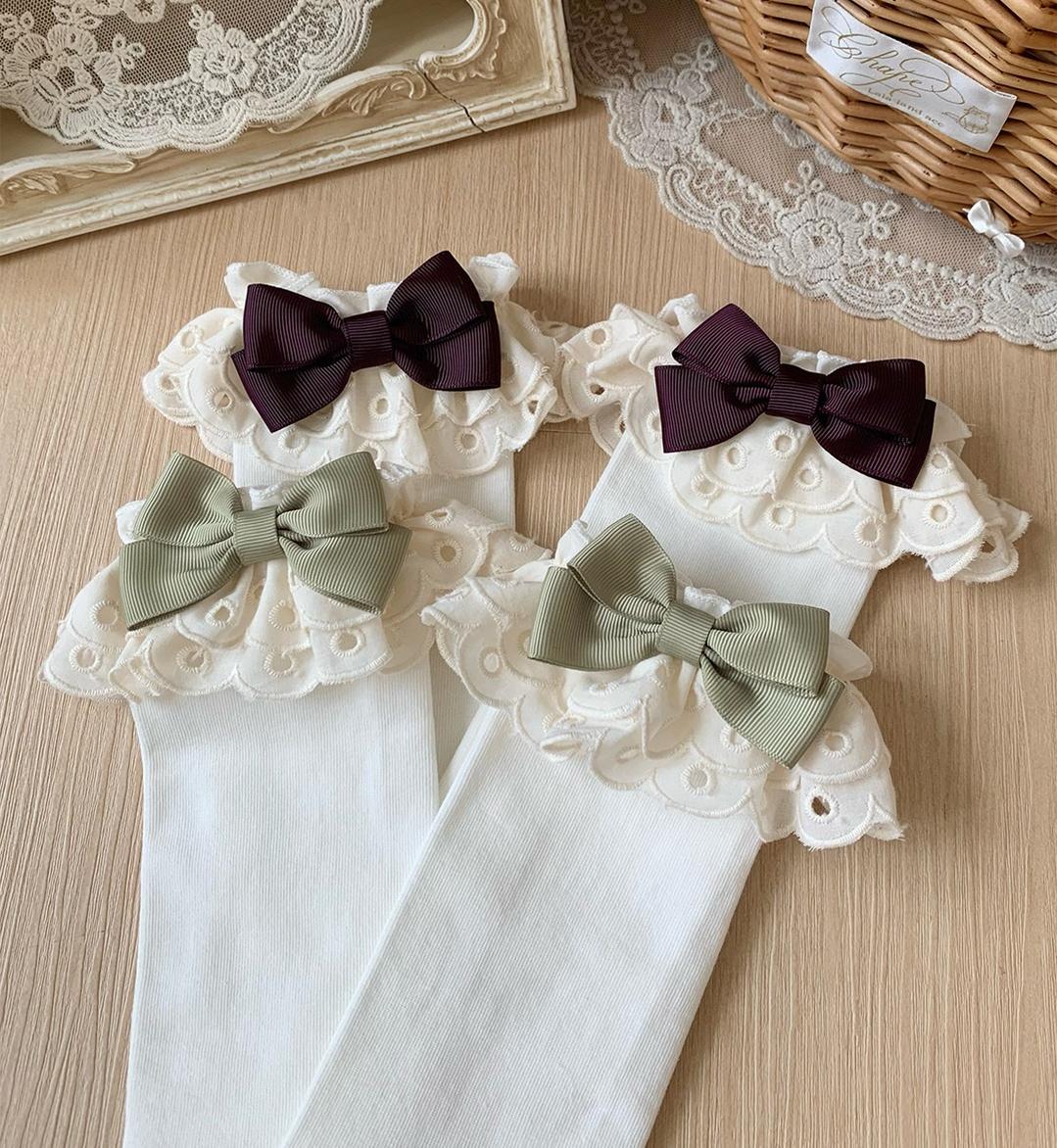 Roji Roji - Cotton Classic Lolita Calf Socks - Double Layer Trim & Bow Socks