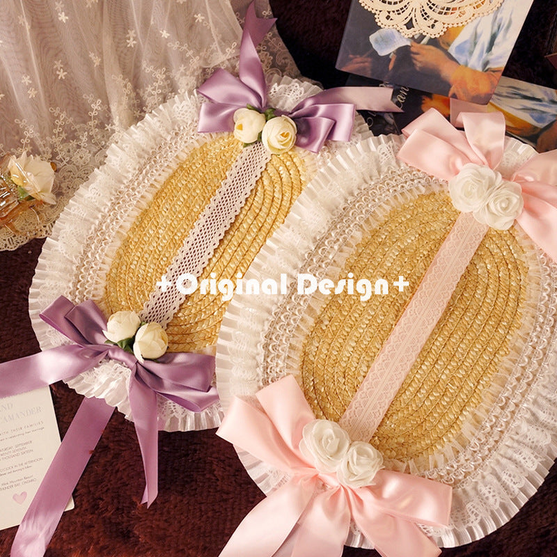 Fanmao Lolita French Flat Bonnet - Multi-color Pastoral Style Women's Summer Straw Hat