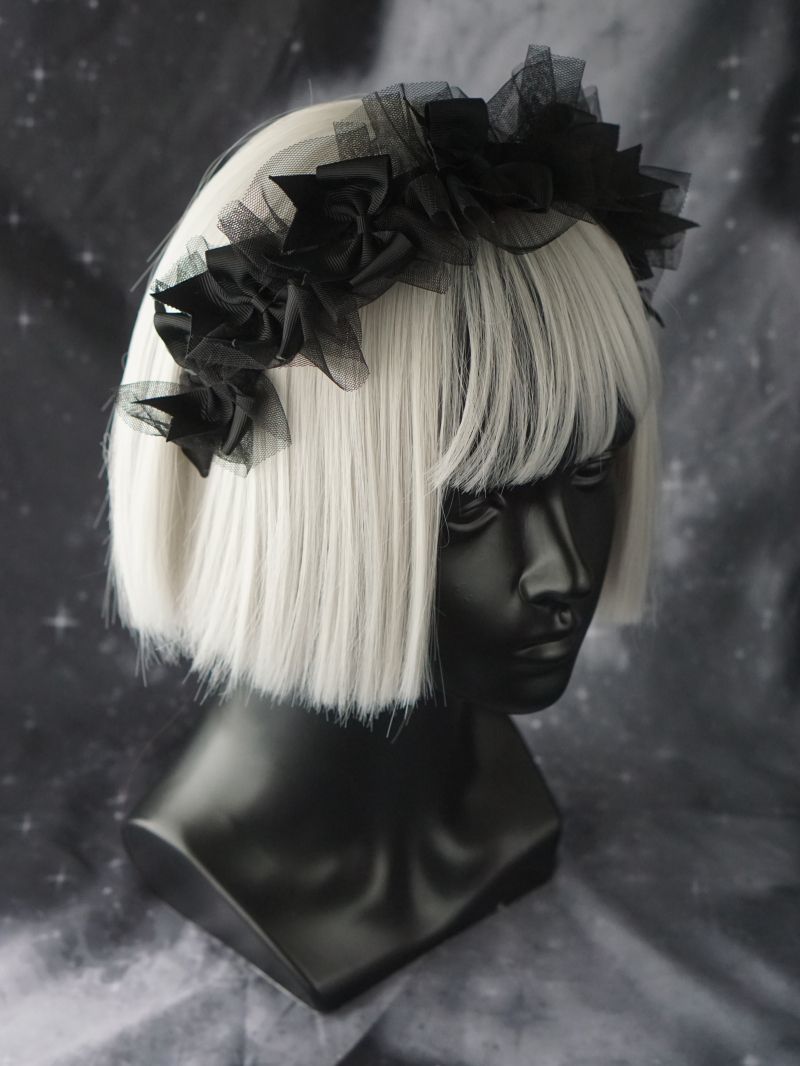 Black handmade Gothic Lolita headband with dark punk lace and organza, featuring intricate detailing for gothic girl hair accessory.