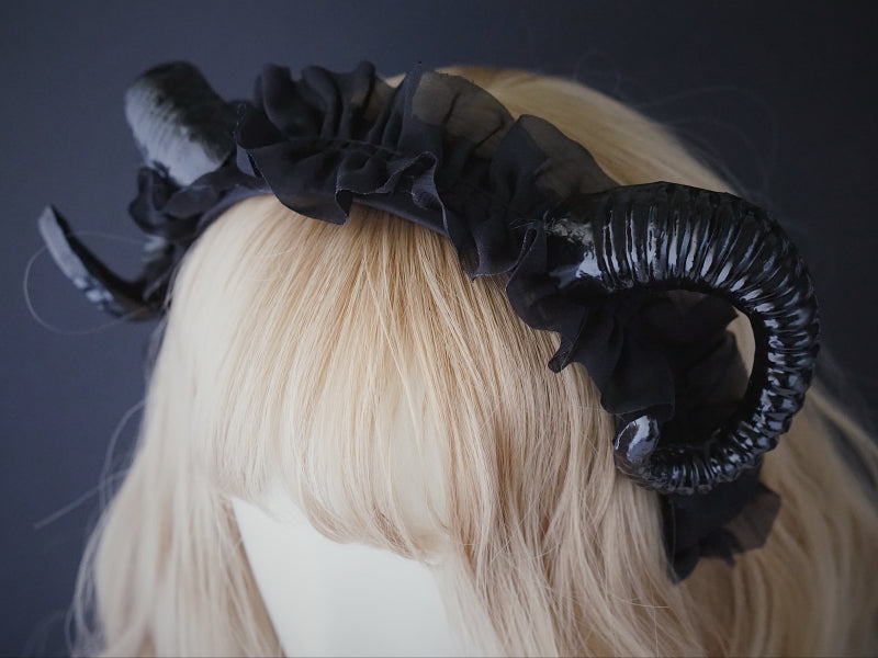 Handmade Lolita Girl Demon Horn Headband with dark gothic style, perfect as a photography prop or costume accessory.