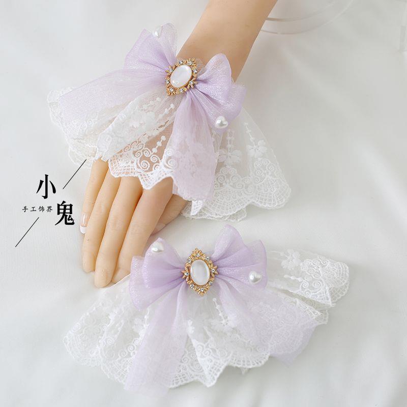 Multicolor Sweet Lace Lolita hair accessories featuring dark red tulle bows, lace accents, hand sleeves, and bracelet by LolitaFetch.
