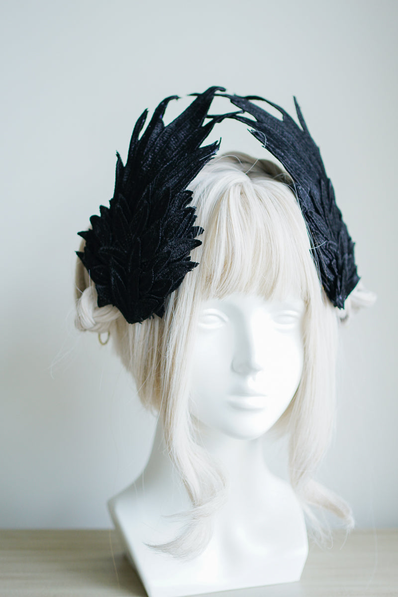 Black and white embroidered angel wings Lolita feather headdress with two-tone design and decorative hair clip styling.