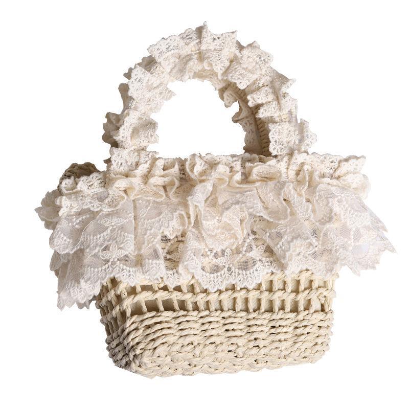 Straw Handbag Original Handmade Lolita French Pastoral Style Lace Edge Soft Girl Mori Beach Woven Bag for Women