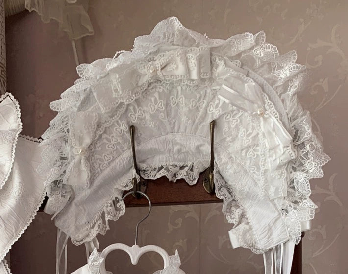 Snow Meow Sweet Princess Lolita floral lace trimmed bonnet from LolitaFetch, featuring delicate lace and pastel floral accents.