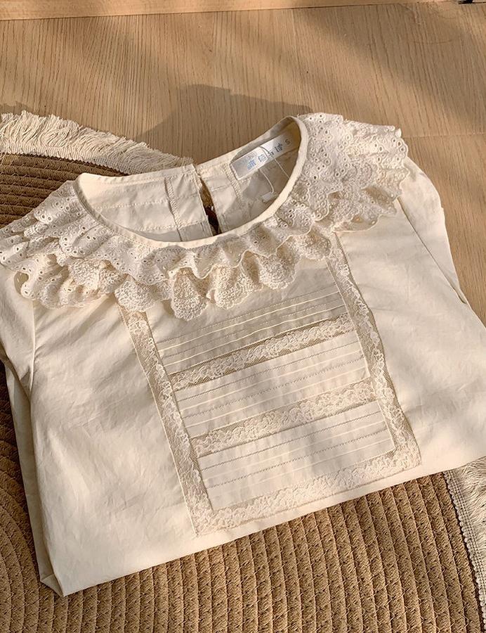 With PUJI - Jennie - Sweet Lolita Cotton Shirt, Ruffled Round Collar