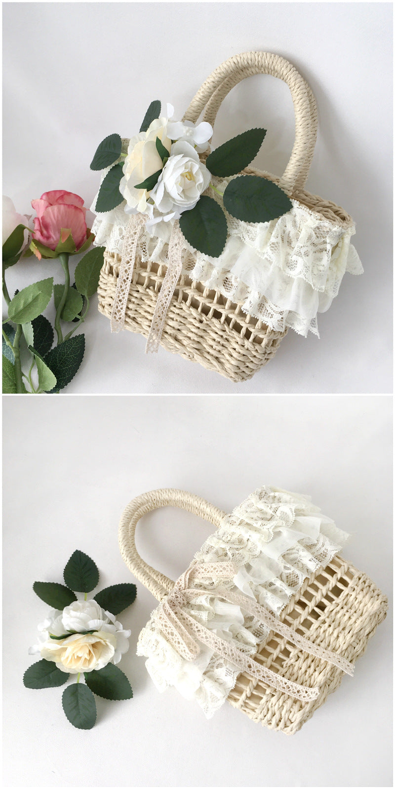 Handbag Paper Straw Woven Original Handmade Lace Flower Lolita Soft Girl Pastoral Style 2022 New Beach Bag - Lolita Fetch