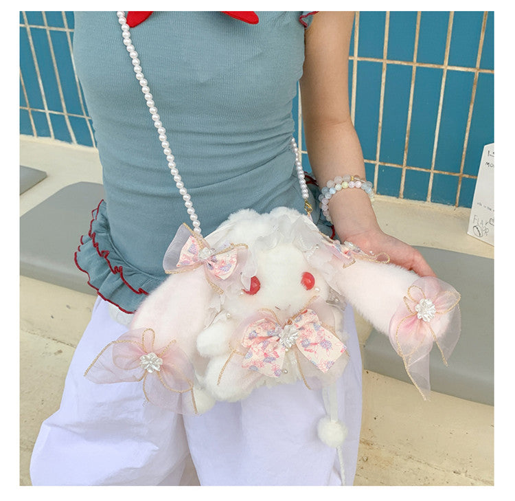 Lop-Eared Bunny Lolita Pearl Chain Doll Bag – 2025 Cute Bow Plush Shoulder Bag