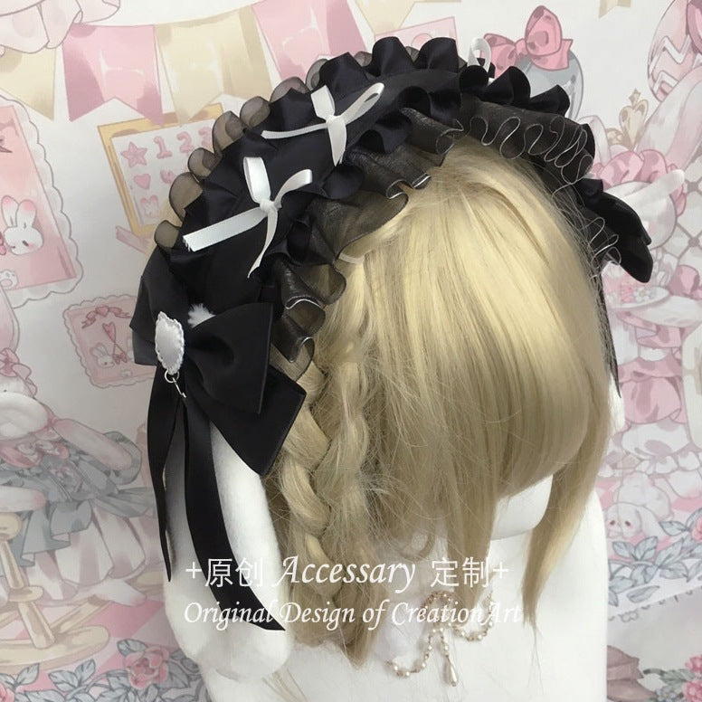 Black and pink Lolita lace hairband with bow, ideal for girls, featuring delicate lace details and a charming, feminine style.